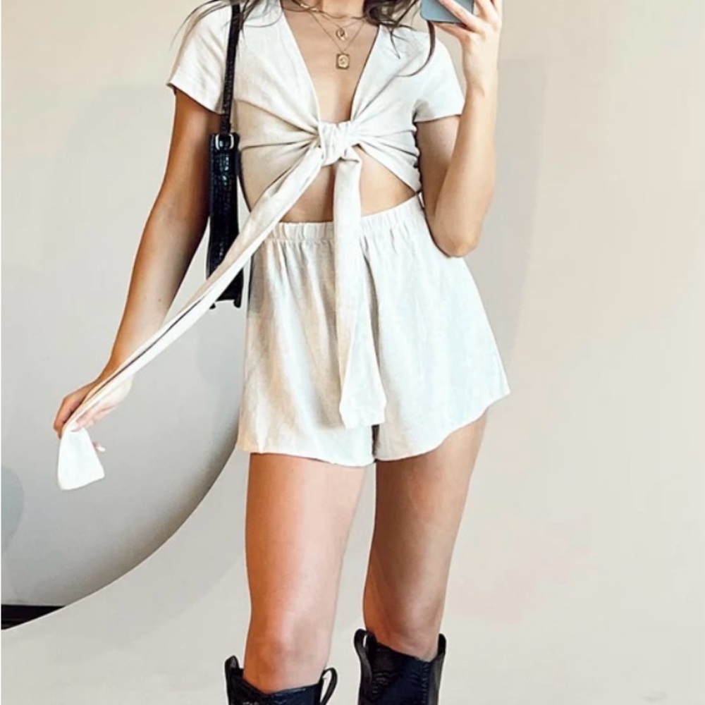 Princess Polly Ragnar Tie Front Romper" in beige. Pricing is for auction ONLY